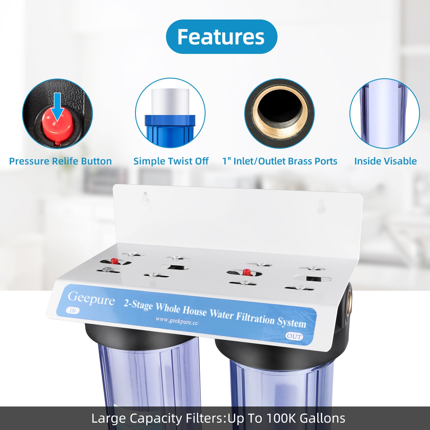 3 Stage Whole House Water Filter System with 20-Inch Clear Housing 4.5" x 20" 5 Micron 1 Inch NPT Brass Port