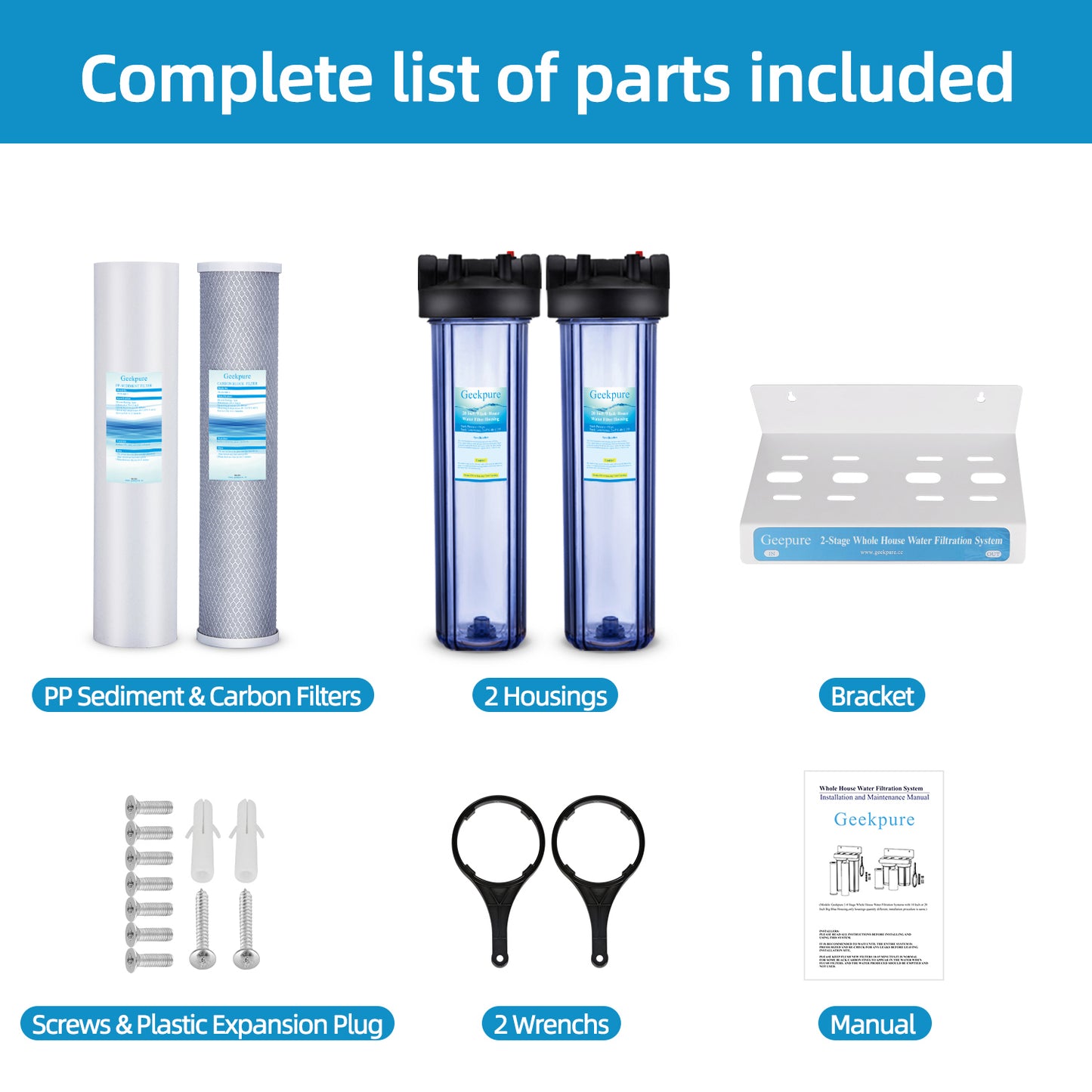 3 Stage Whole House Water Filter System with 20-Inch Clear Housing 4.5" x 20" 5 Micron 1 Inch NPT Brass Port