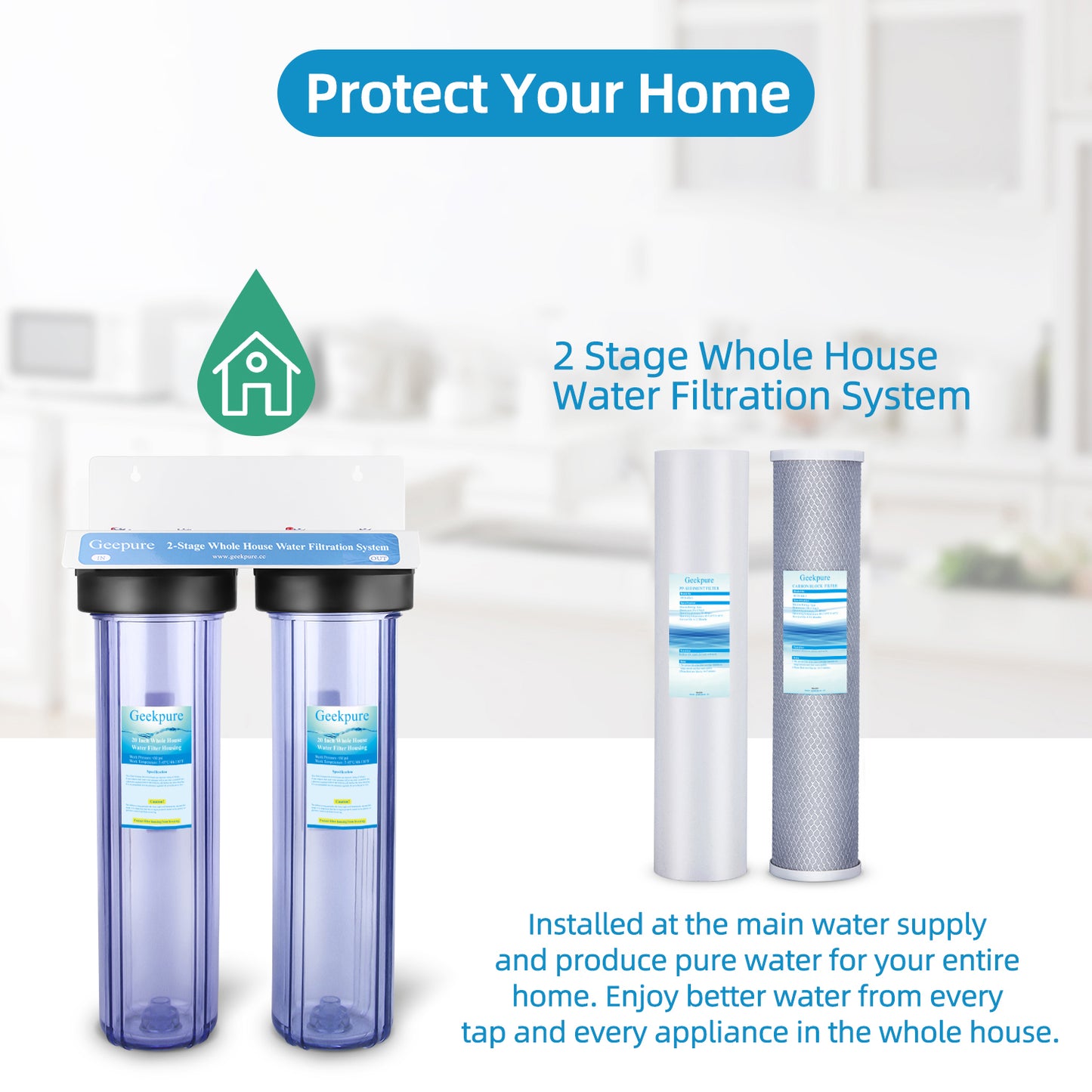 3 Stage Whole House Water Filter System with 20-Inch Clear Housing 4.5" x 20" 5 Micron 1 Inch NPT Brass Port