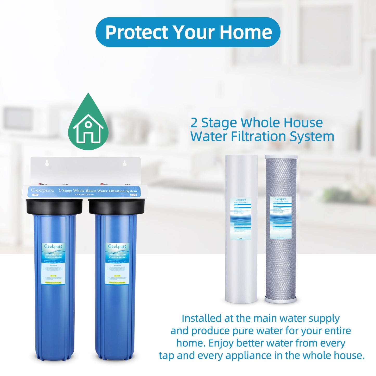 3 Stage Whole House Water Filter System with 4.5 x 20 Inch Housing 5 Micron PP Sediment + Carbon Filters +12 GPM UV Filter-1 Inch Brass NPT Port