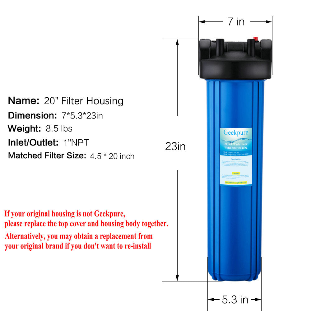 Whole House Water Filter Housing 1" Port w/ Wrench & Bracket -4.5" x 20" -Blue-Pack 2