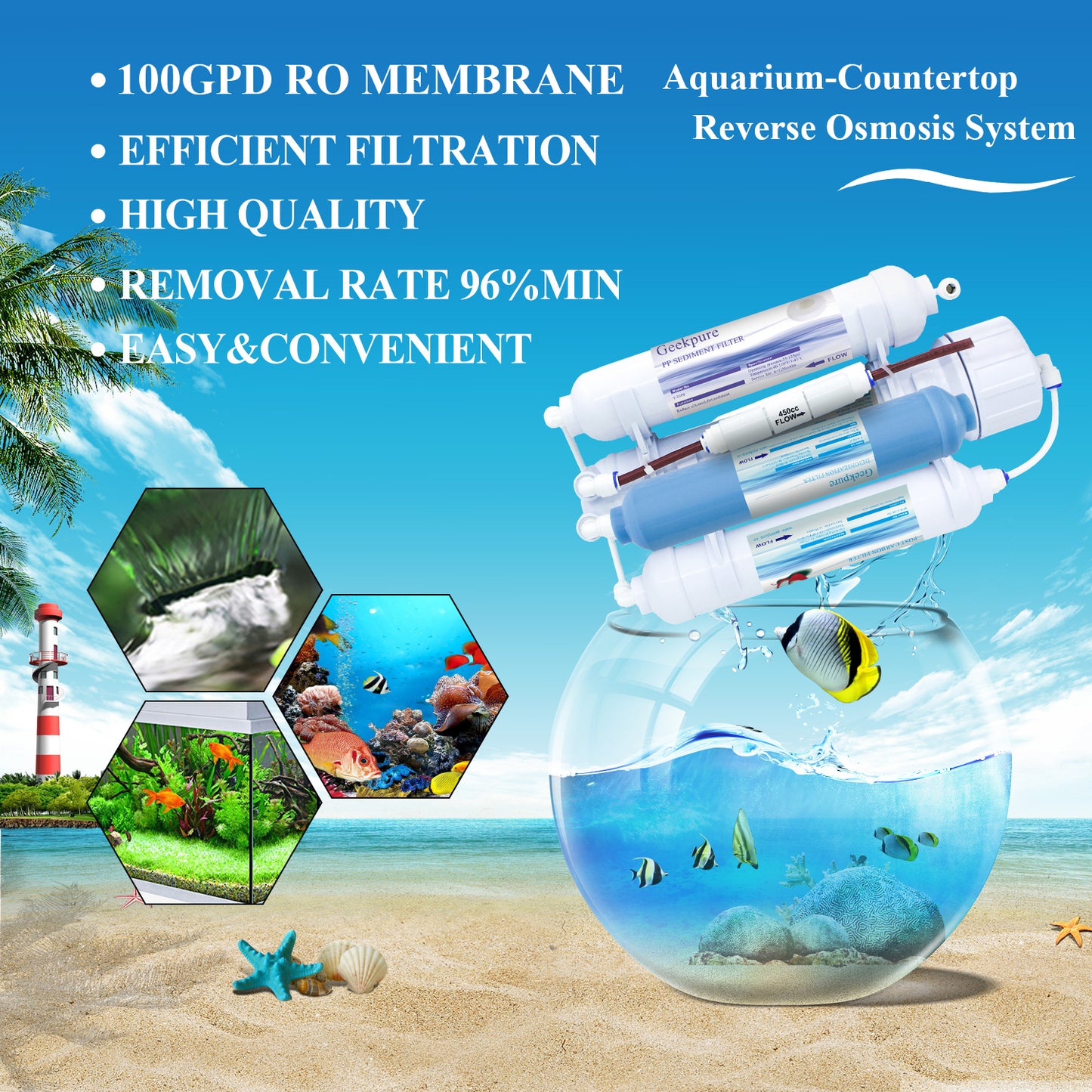 4 Stage Aquarium Reverse Osmosis RO System 100 GPD w/ DI Filter TDS Cloese to 0