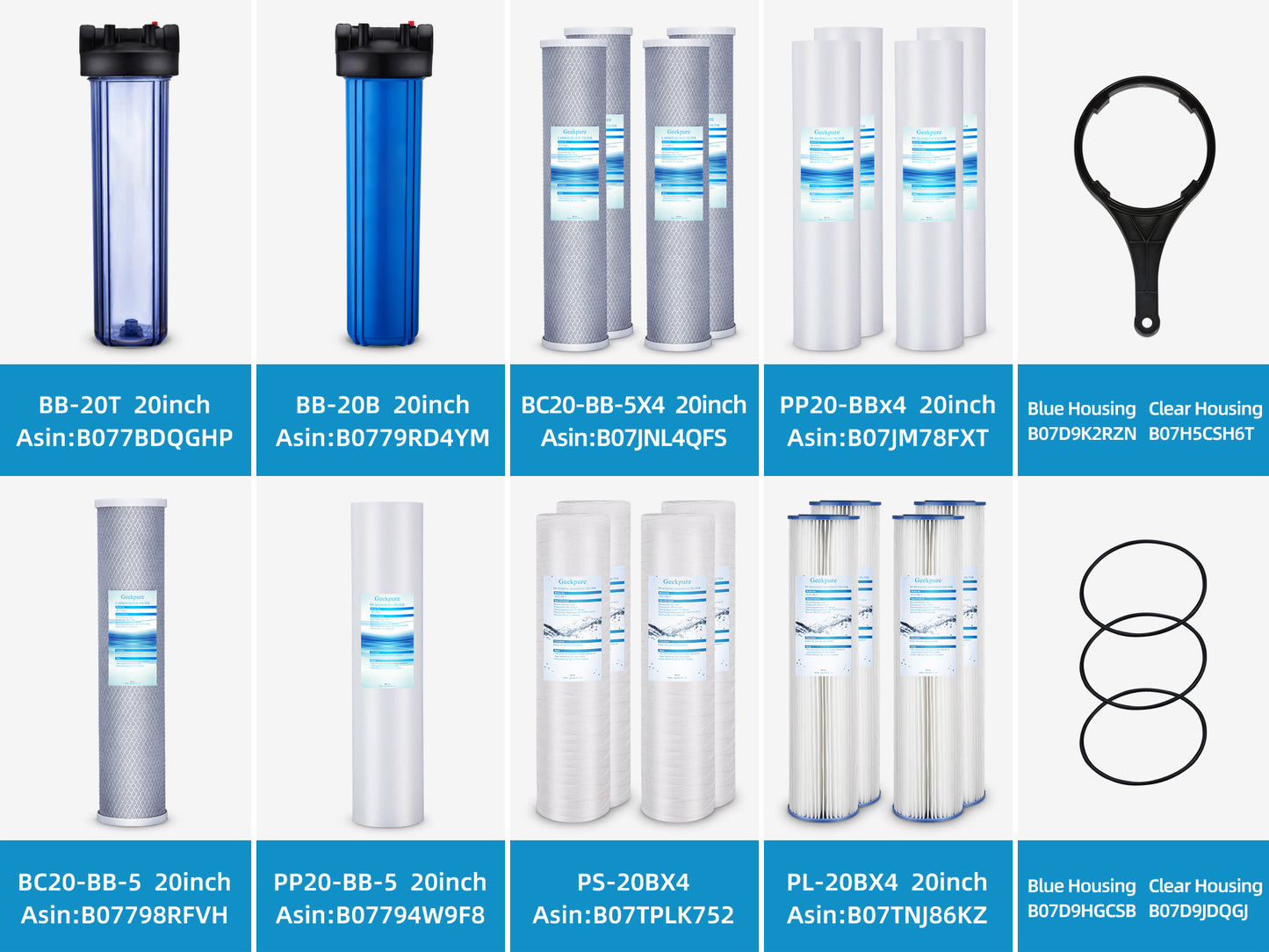 3 Stage Whole House Water Filter System with 20-Inch Clear Housing 4.5" x 20" 5 Micron 1 Inch NPT Brass Port