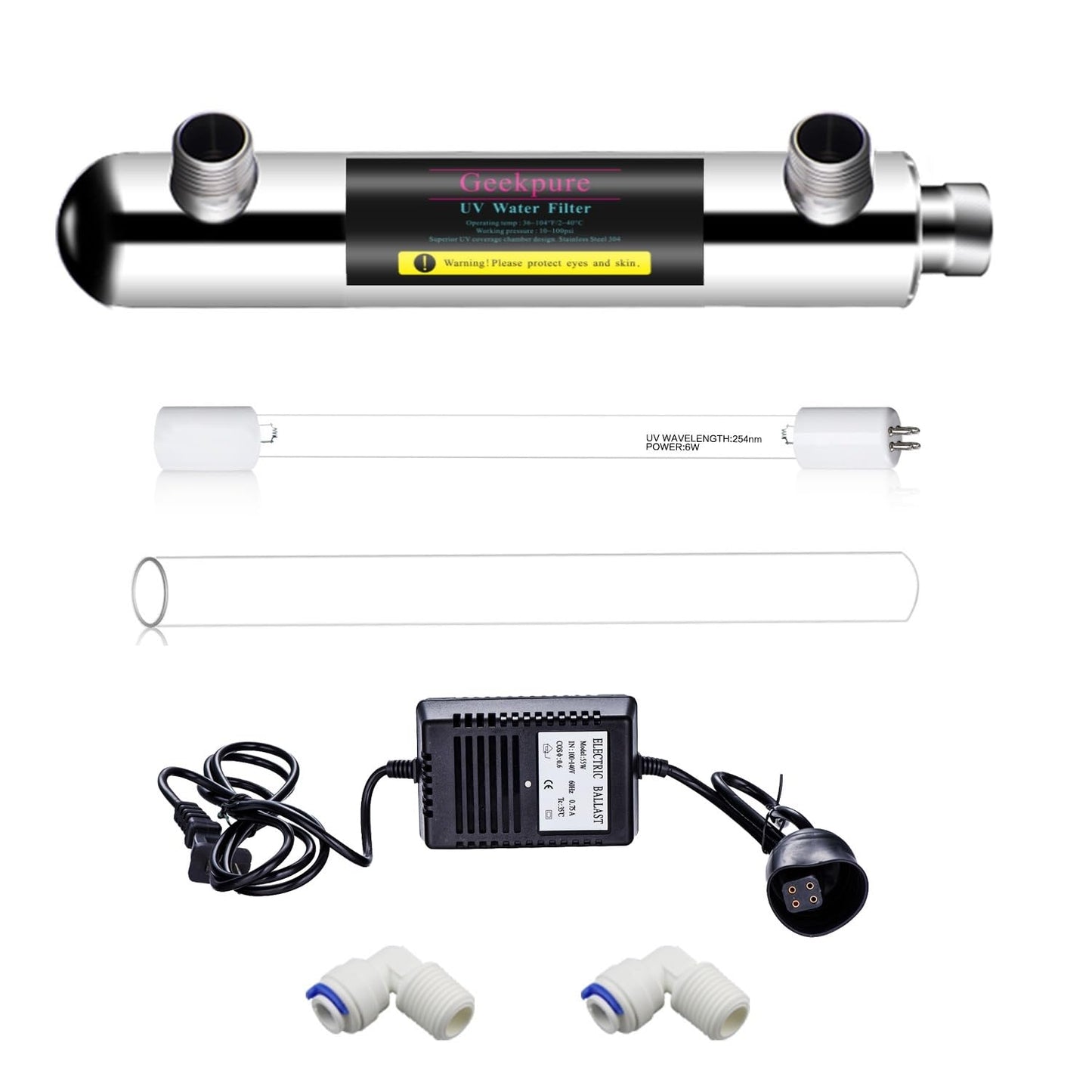 Geekpure 6 Watt UV Water Filter Upgrade for Reverse Osmosis RO Filtration System(0.5-1 GPM)