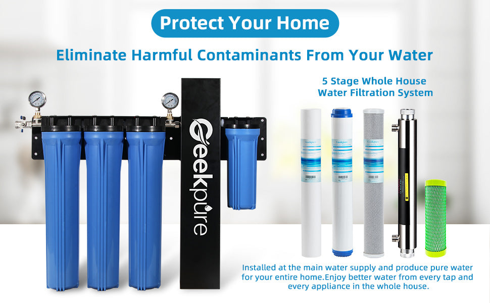Geekpure 5 Stage Whole House Water Filter System with 2.5 x 20 5 Micron PP Sediment + Carbon Filters and 6 GPM UV