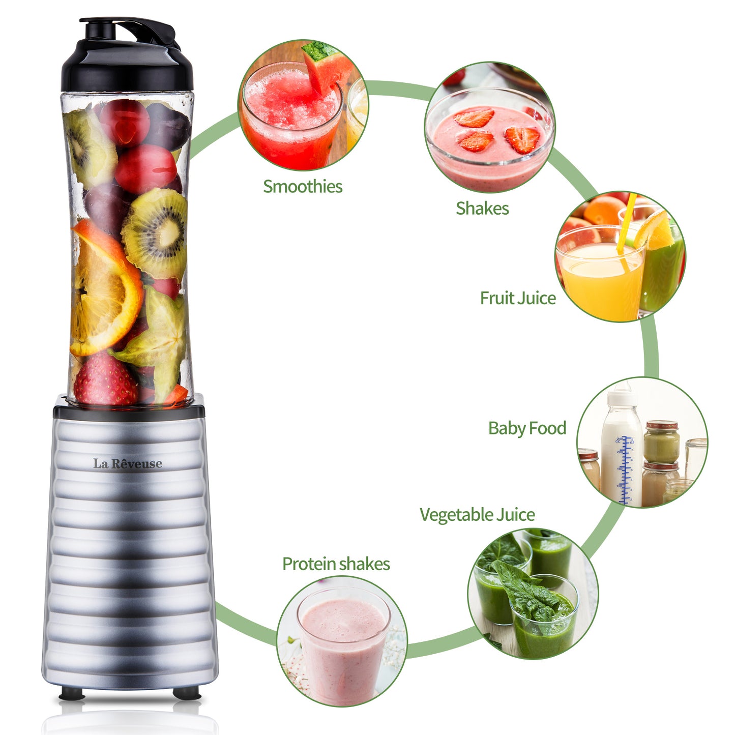 La Reveuse Smoothies Blender 300 Watt with 18 oz BPA Free Portable Travel Sports Bottle -Dishwasher Safe (1801 (300W))