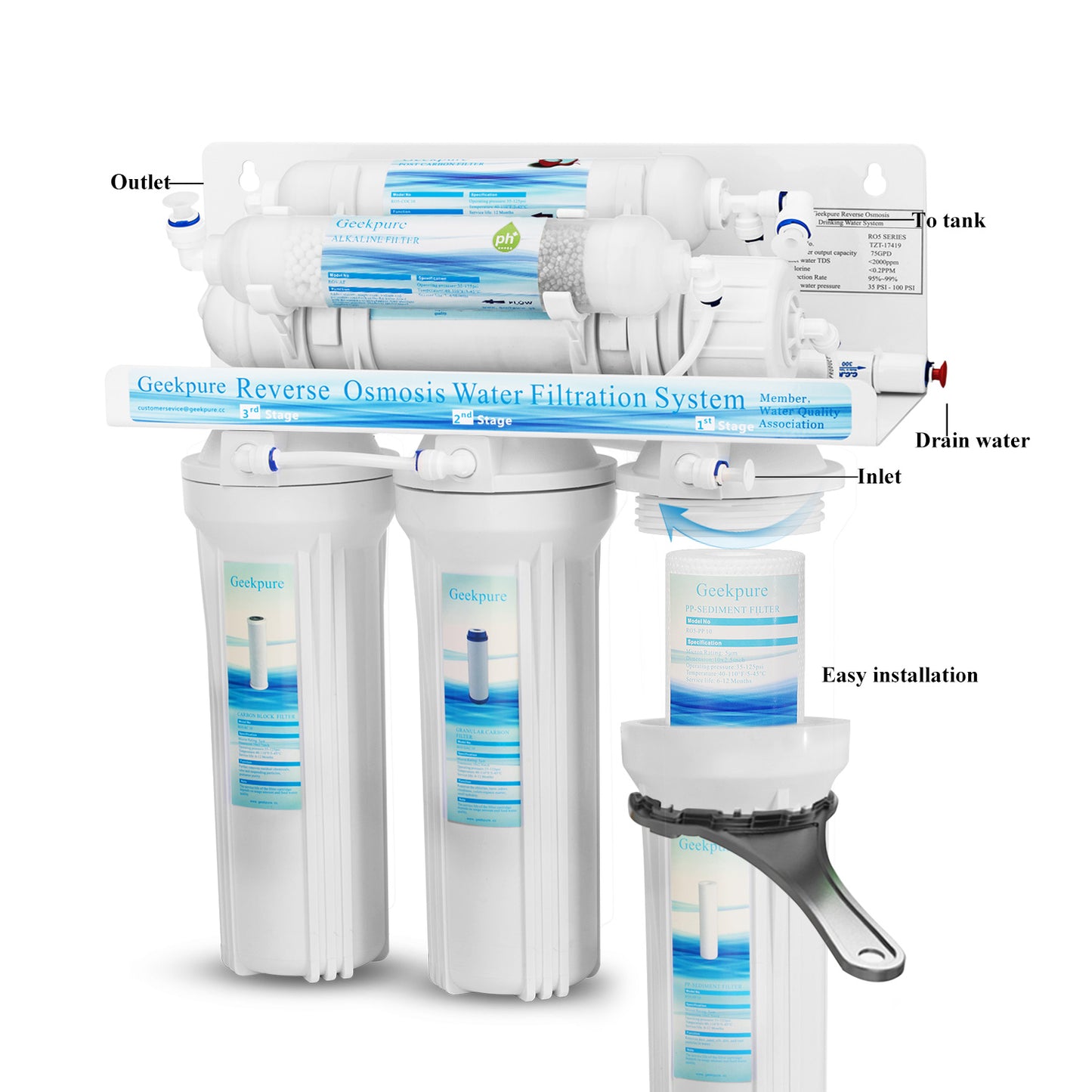 6-Stage Reverse Osmosis Water Filter System with Alkaline pH+Filter