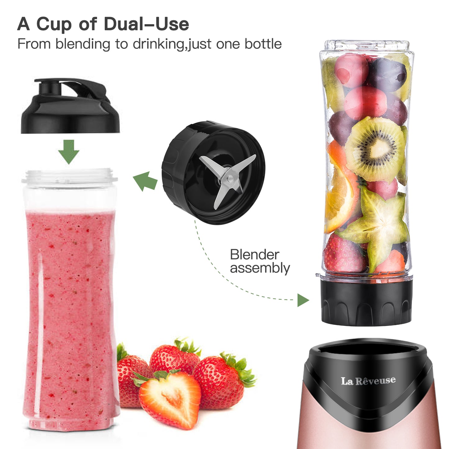 La Reveuse Smoothie Blender Personal Size 300 Watts with 2 Pieces 18 oz BPA Free Travel Sports Bottles,Grey (Pink)