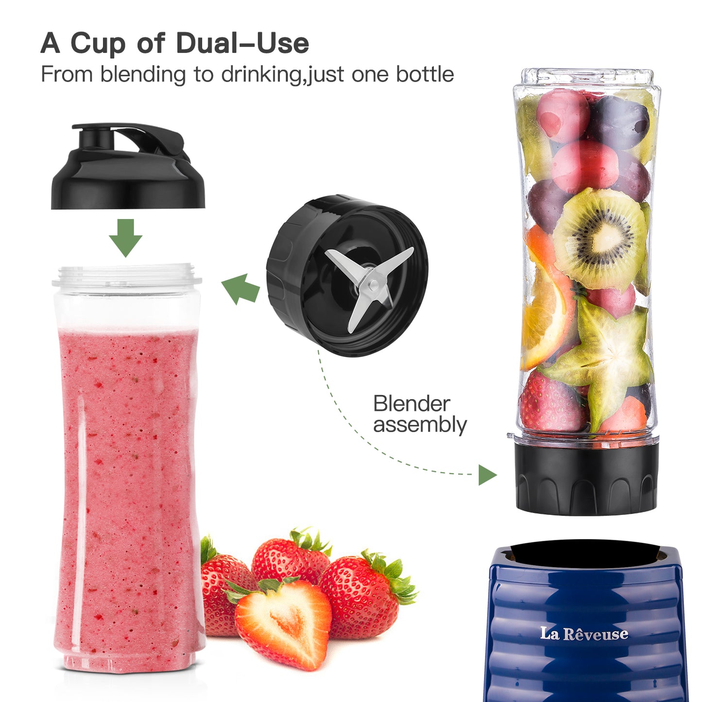 La Reveuse Smoothies Blender 300 Watt with 18 oz BPA Free Portable Travel Sports Bottle (Navy)