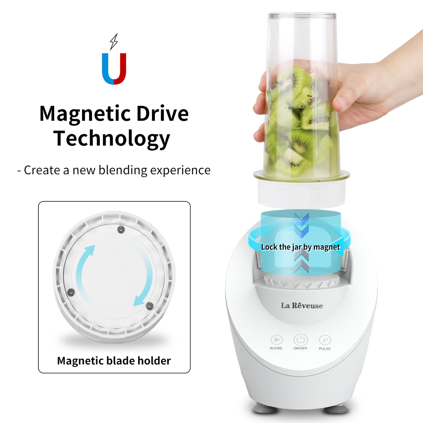 La Reveuse Personal Blender for Shakes and Smoothies 200 Watt with Magnetic Drive Technology 10 oz BPA Free Portable Travel Bottle (White)