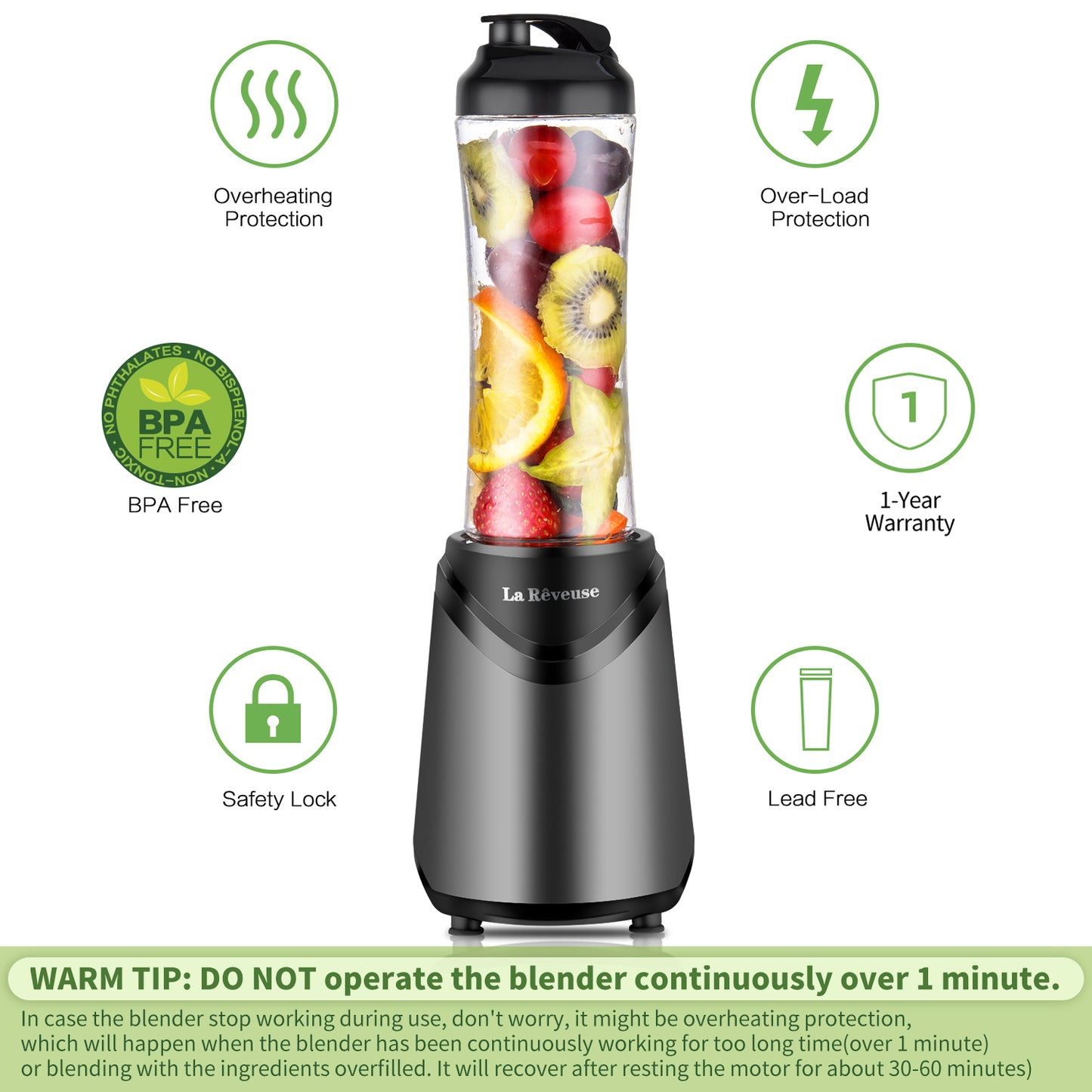 La Reveuse Smoothie Blender Personal Size 300 Watts with 2 Pieces 18 oz BPA Free Travel Sports Bottles,Grey