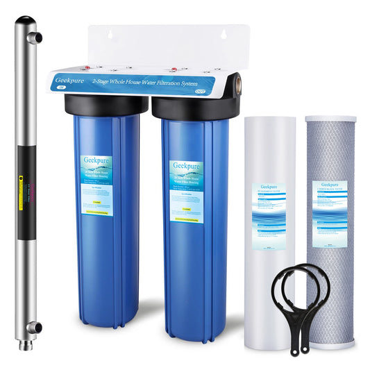 3 Stage Whole House Water Filter System with 4.5 x 20 Inch Housing 5 Micron PP Sediment + Carbon Filters +12 GPM UV Filter-1 Inch Brass NPT Port