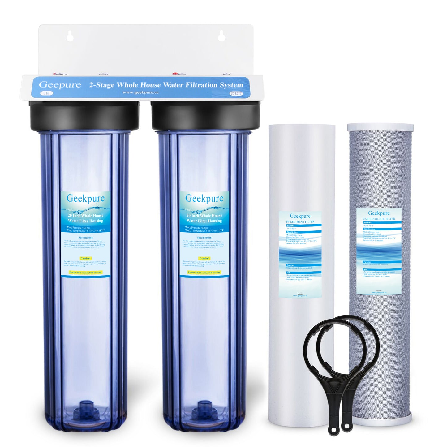 2 Stage Whole House Water Filtration System w/ 20" Clear Housing-1"NPT