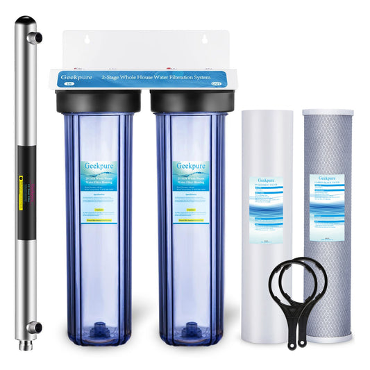 3 Stage Whole House Water Filter System with 20-Inch Clear Housing 4.5" x 20" 5 Micron 1 Inch NPT Brass Port