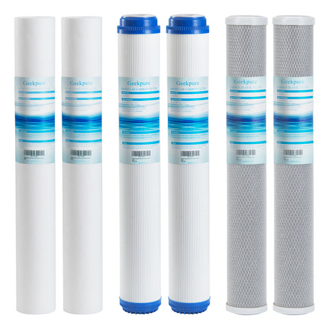 Geekpure Whole House Replacement Water Filer Cartridges-2.5" x 20" - 5 Micron - 6 Pack PP Sediment Granular Carbon Activated Carbon Block Filter