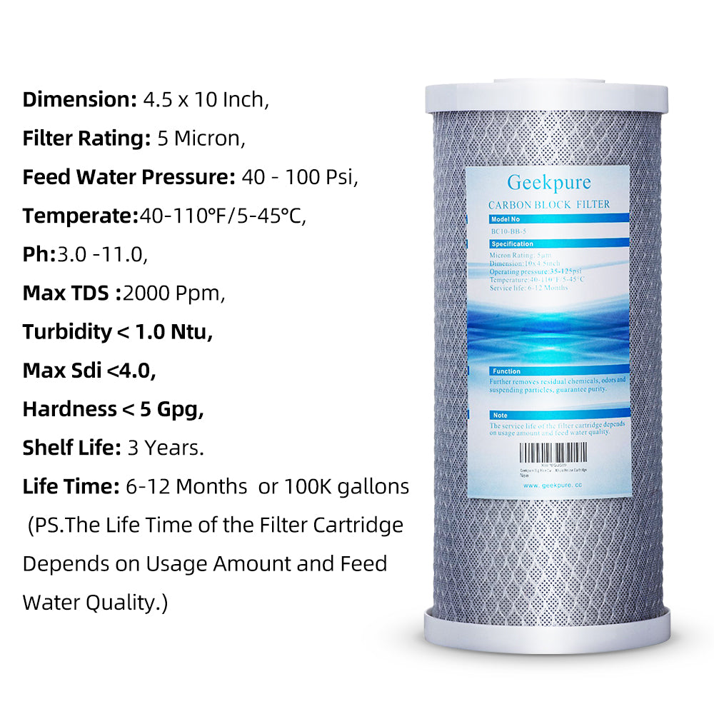 Whole House Water Filtration w/ Clear Housing 4.5"x 10" Carbon Filter-5 Micron