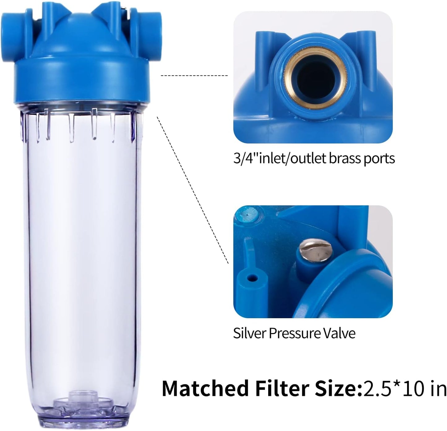 10-Inch Whole House Water Filter with Clear Filter Housing - 3/4"NPT Brass Port and 4 x PP String Sediment Filters