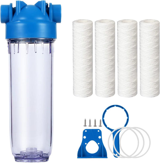 10-Inch Whole House Water Filter with Clear Filter Housing - 3/4"NPT Brass Port and 4 x PP String Sediment Filters