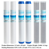 Geekpure Whole House Replacement Water Filer Cartridges-2.5" x 20" - 5 Micron - 6 Pack PP Sediment Granular Carbon Activated Carbon Block Filter
