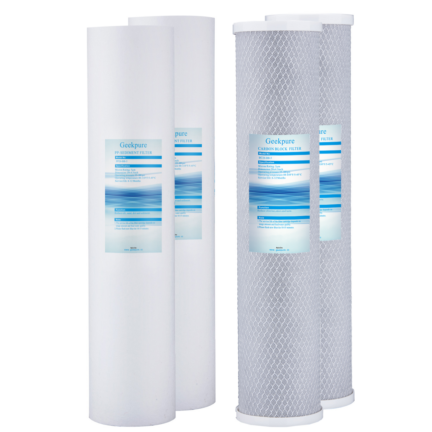 20 Inch Whole House Replacement Water Filters PP Sediment & Block Carbon (Pack of 4)-4.5"x20"