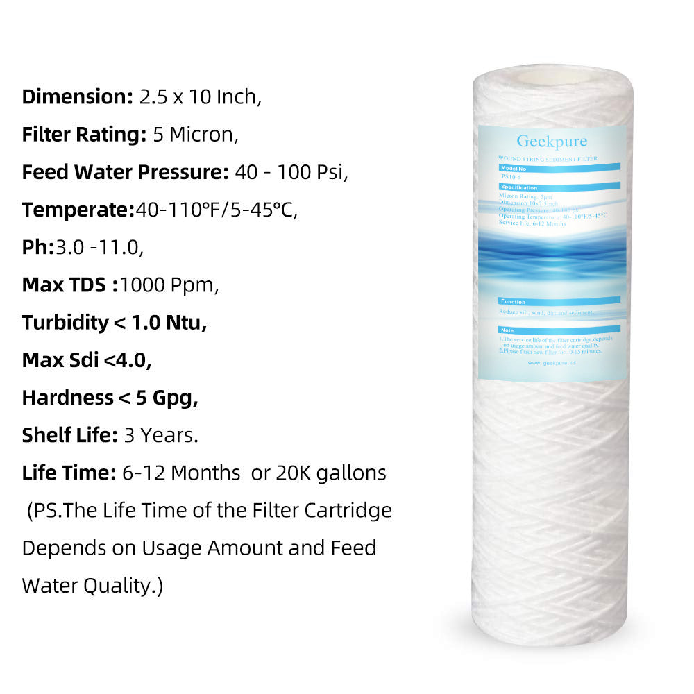 10-Inch Whole House Water Filter with Clear Filter Housing - 3/4"NPT Brass Port and 4 x PP String Sediment Filters