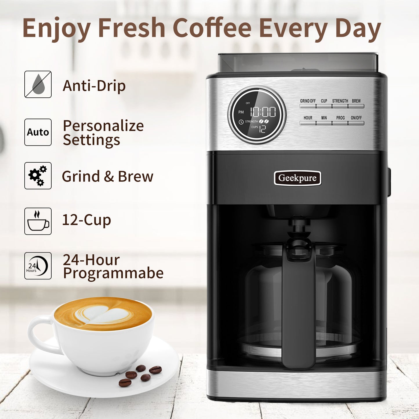 Programmable Drip Coffee Maker with Burr Grinder,12 Cups DCM-2001