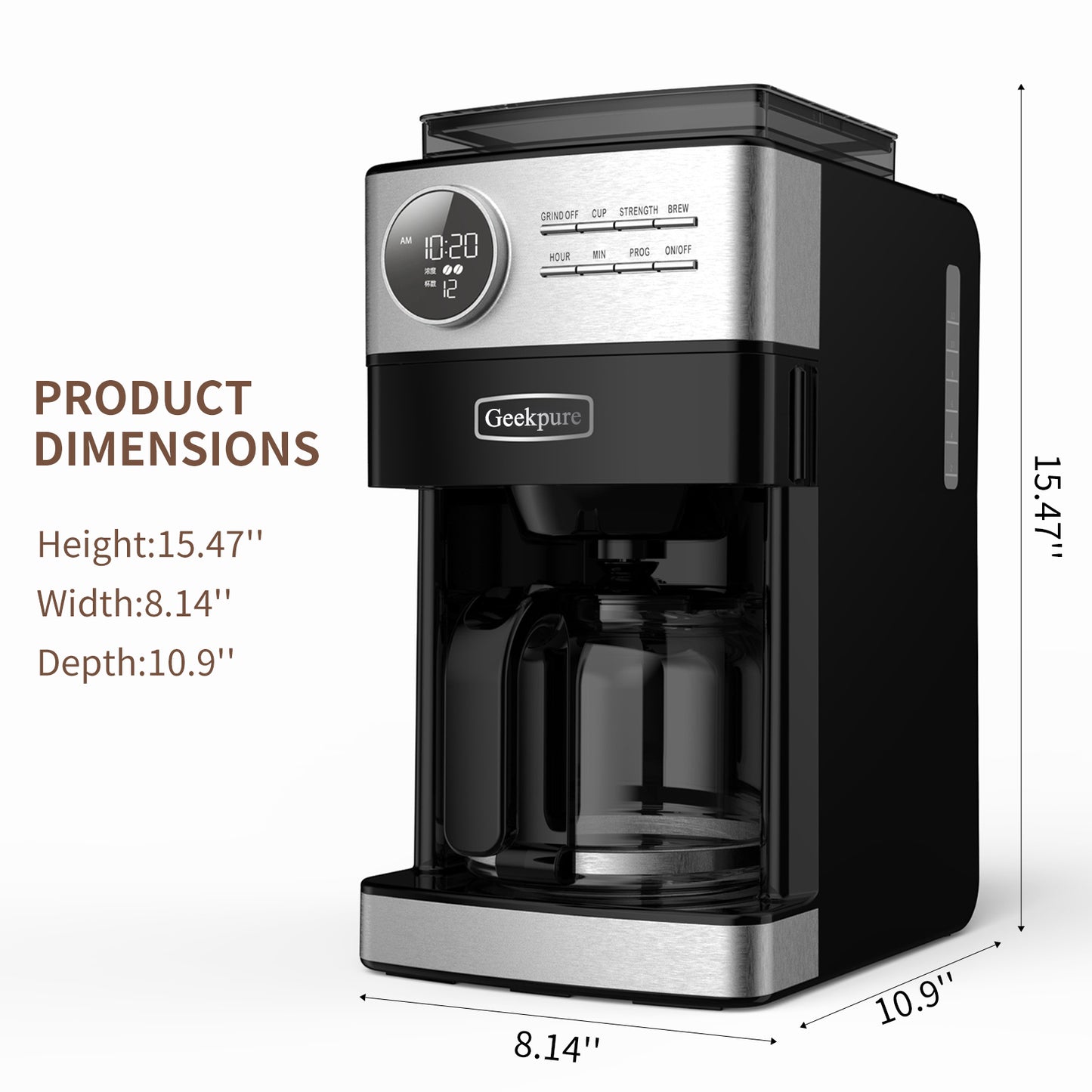 Programmable Drip Coffee Maker with Burr Grinder,12 Cups DCM-2001