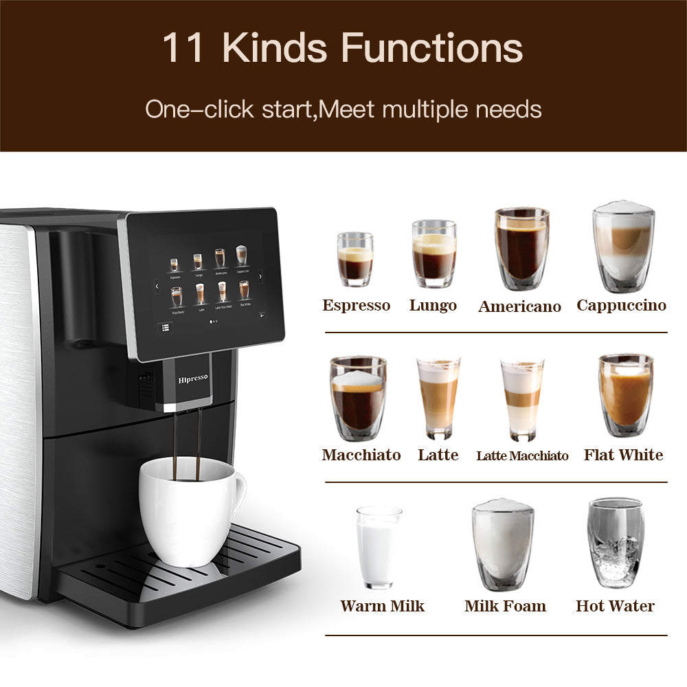 Hipresso Super Automatic Expresso Coffee Machine-7" HD TFT Touchscreen w/Milk Frother