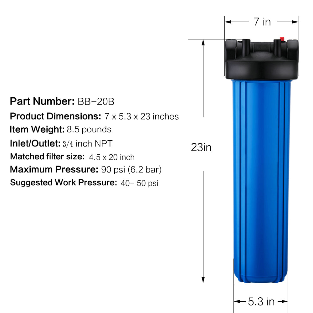 20 Inch Whole House Big Water Filter Housing3/4"Port-4.5"x 20"- Blue