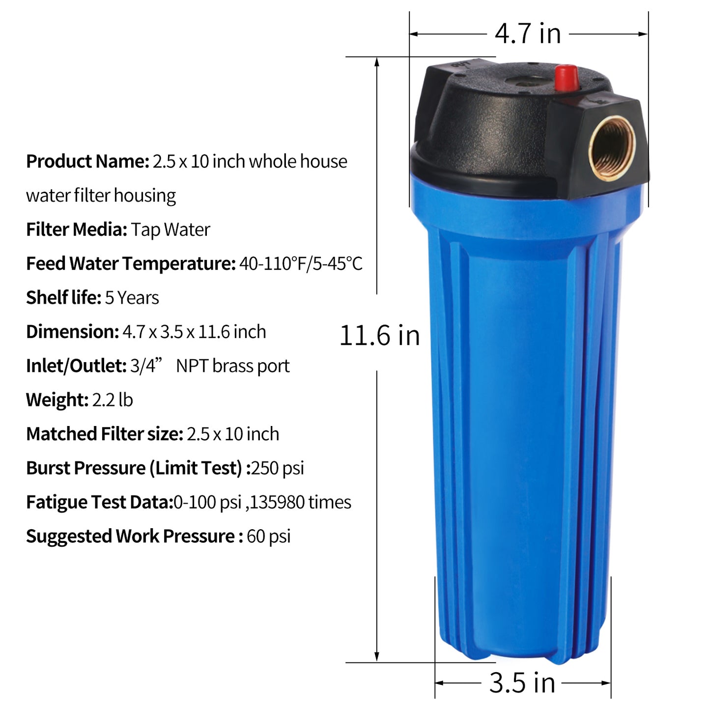 10 Inch Whole House Water Filter Blue Housing-3/4" NPT-Fit for 2.5"x10" Filters
