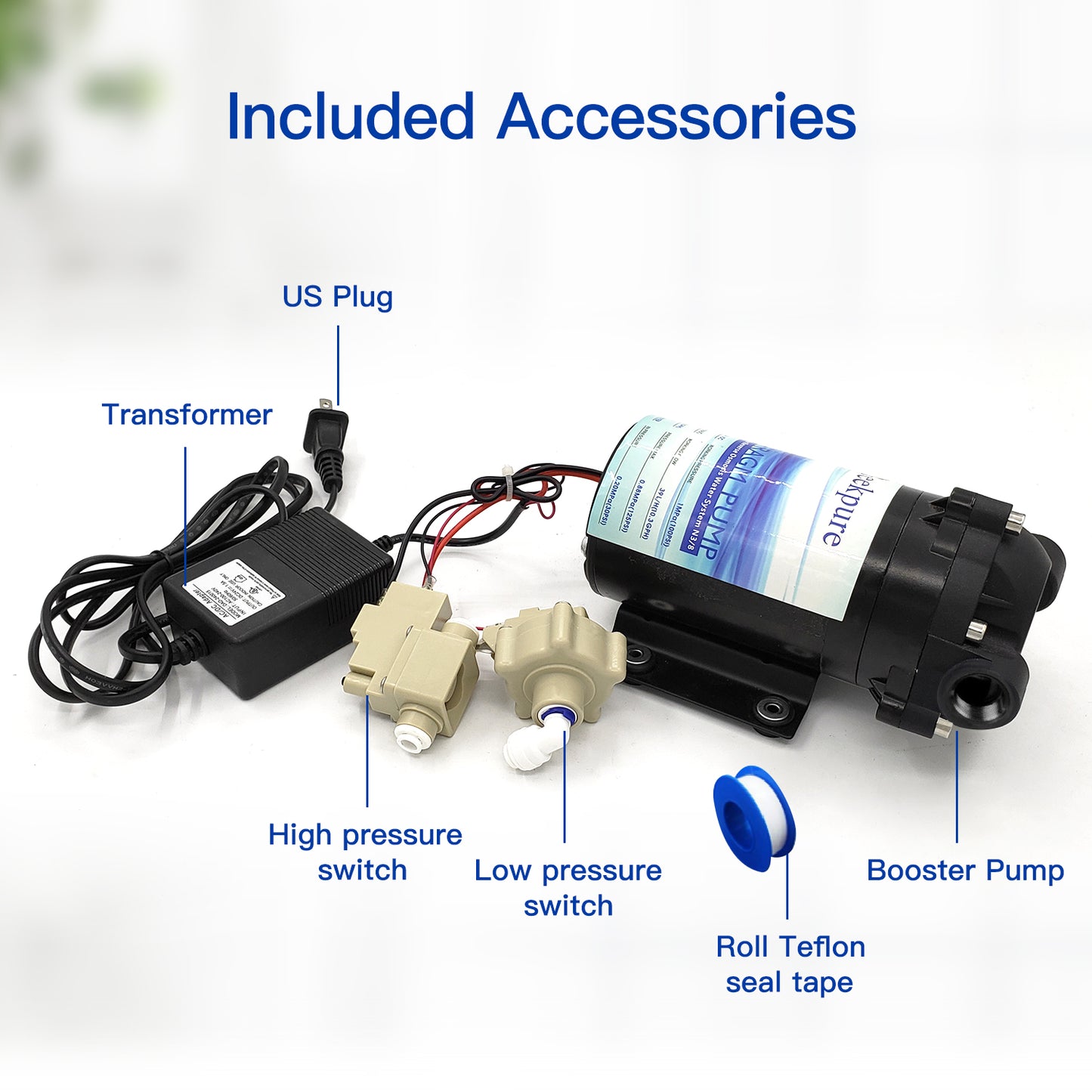Booster Pump + Transformer + High & Low Pressure Switch + Fittings Kit for RO System