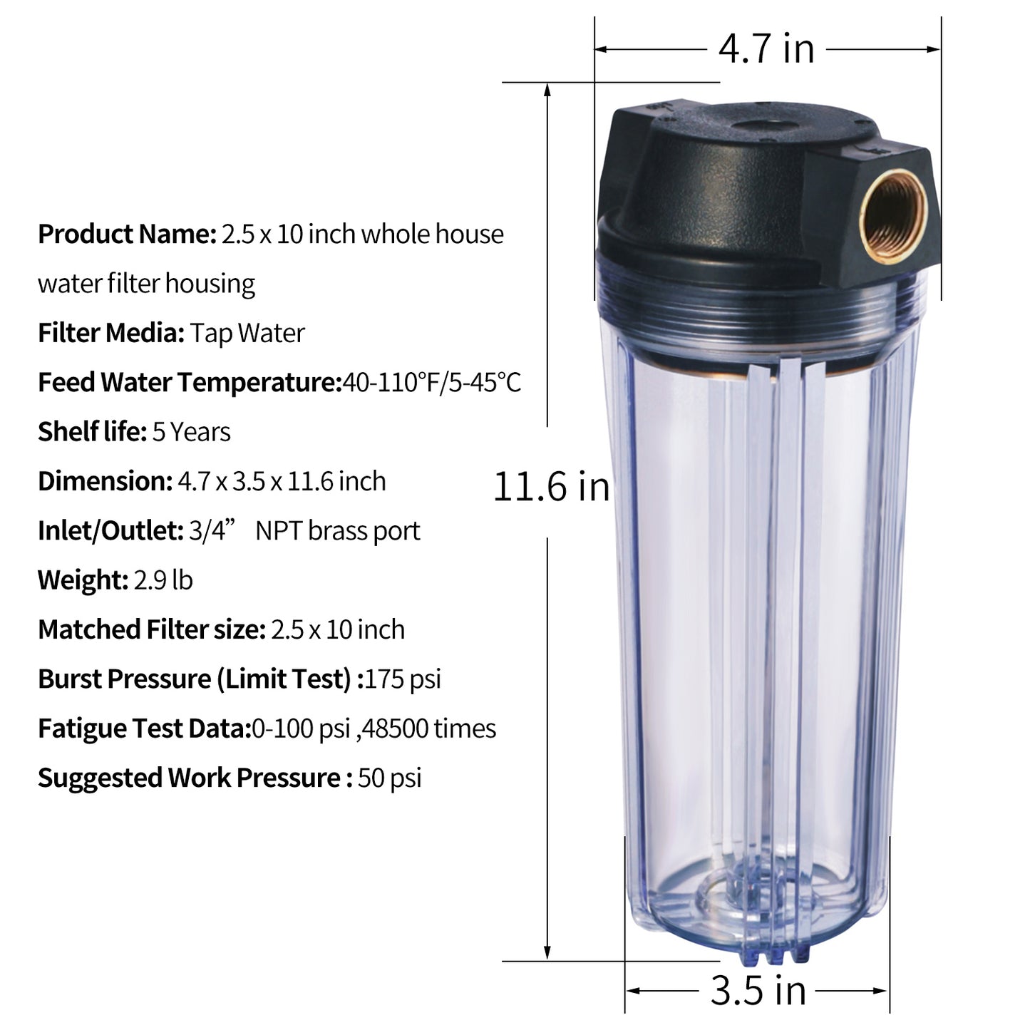 10-Inch Clear Water FilterHousing-3/4"Port-Fit for 2.5" x 10" Filters