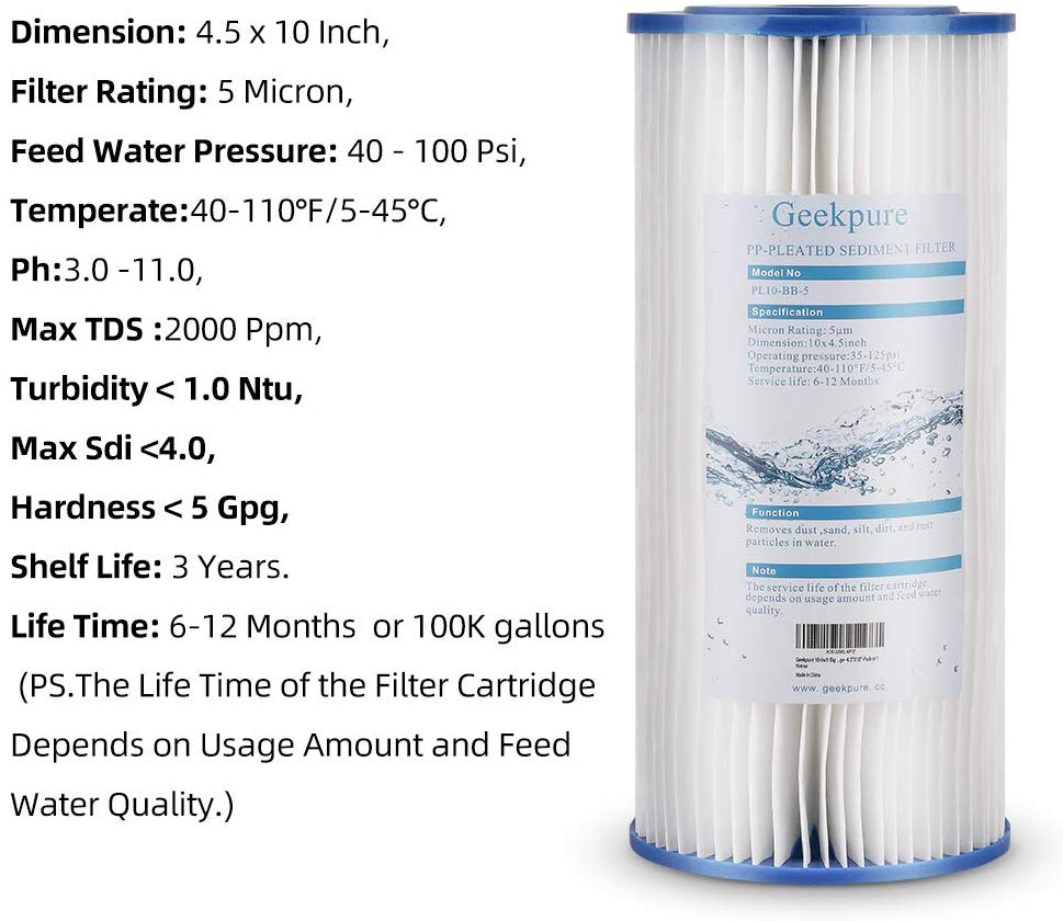 Whole House Pleated PP Sediment Replacement Filter Cartridge- 4.5"X10"-5 Mic- Pack 4