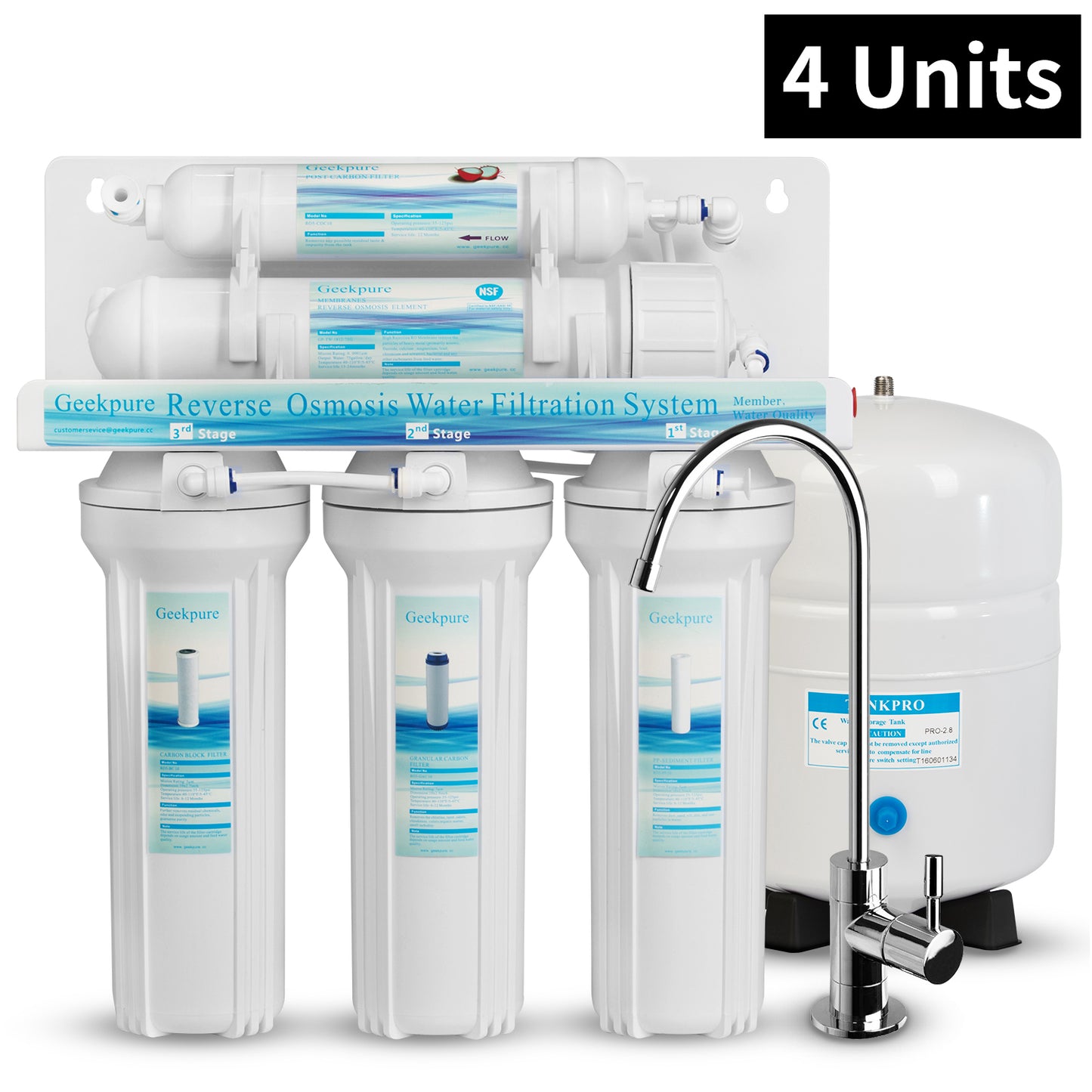 4 Units, 5-Stage Reverse Osmosis Drinking Water Filter System-75GPD