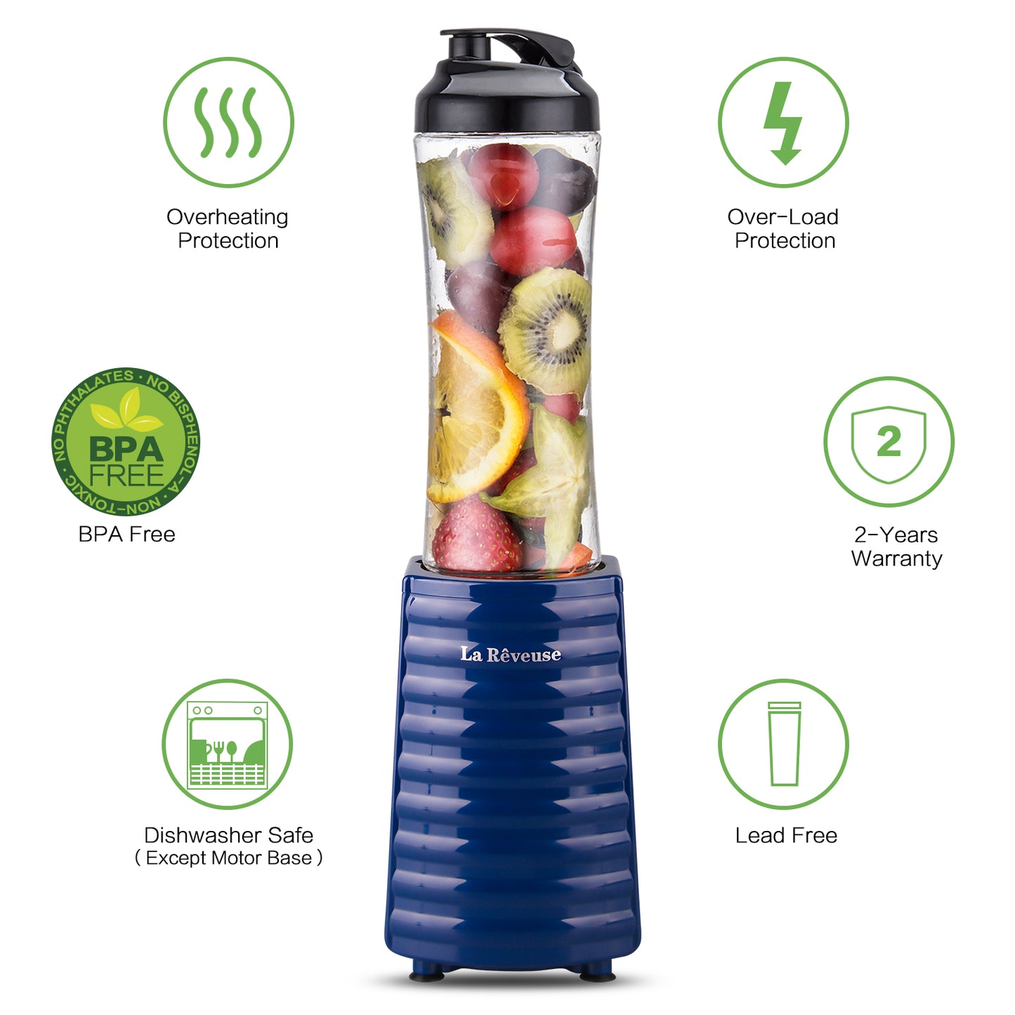 La Reveuse Smoothies Blender 300 Watt with 18 oz BPA Free Portable Travel Sports Bottle (Navy)