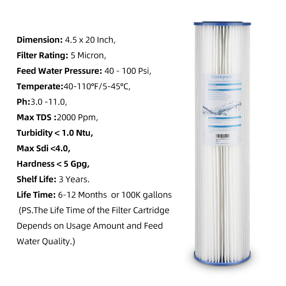 Pleated PP Sediment Filter Cartridge for Whole House Filtration (Pack 4) - 4.5" x 20"