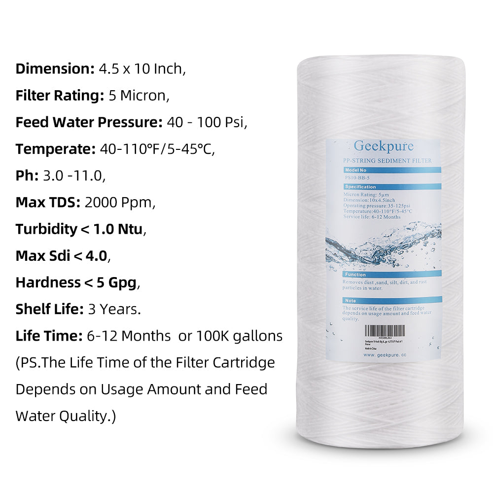 Whole House String Wound PP Sediment Replacement Filter Cartridge(5 Mic) Pack of 4 - 4.5" x 10"