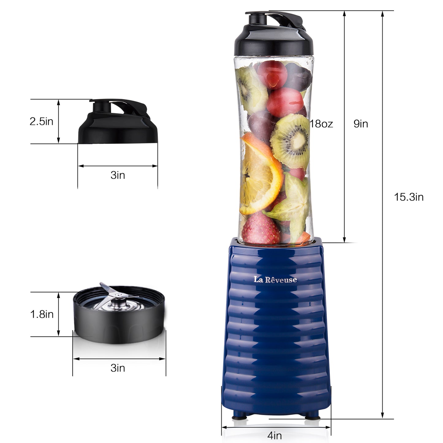 La Reveuse Smoothies Blender 300 Watt with 18 oz BPA Free Portable Travel Sports Bottle (Navy)